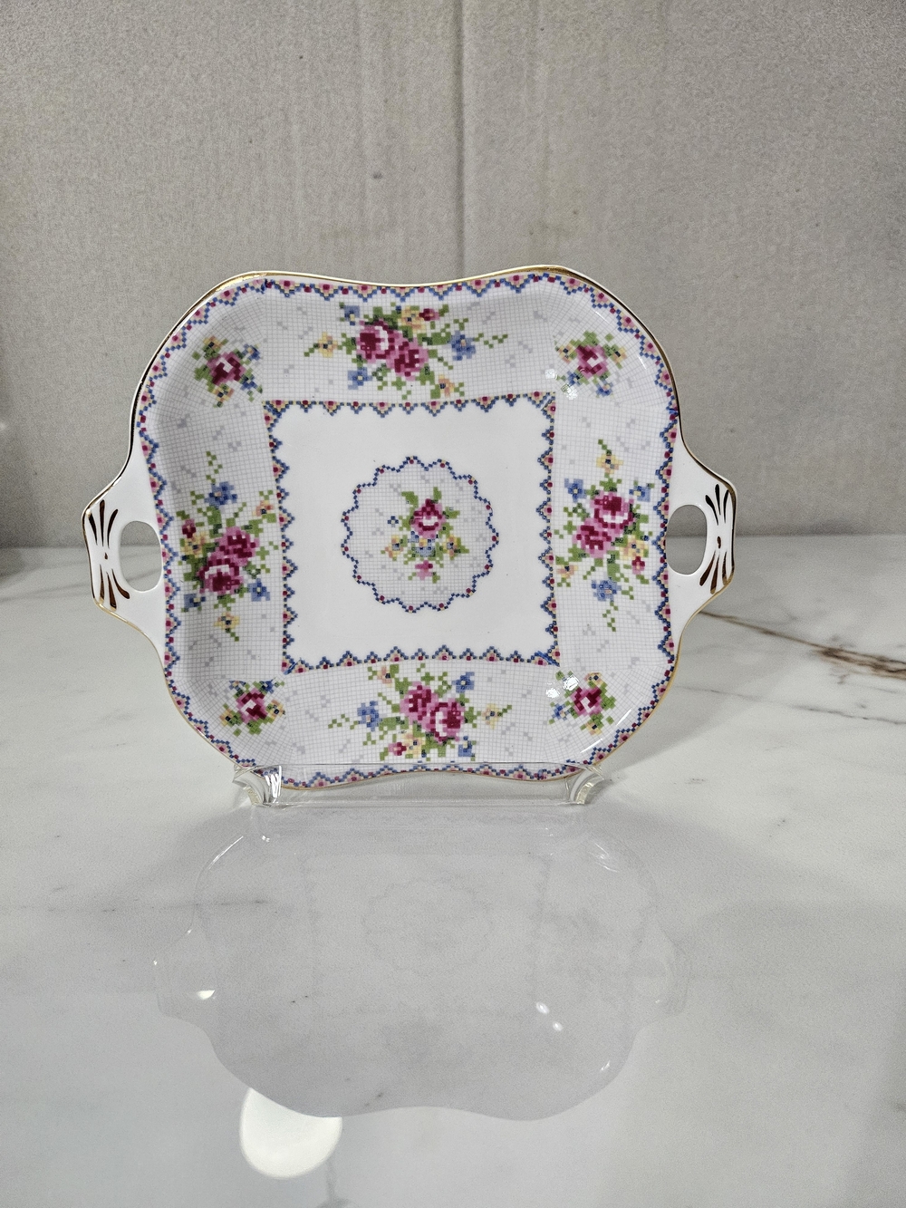 Vintage Royal Albert "Petit Point" Handled Square Bon Bon Dish / Candy Tray